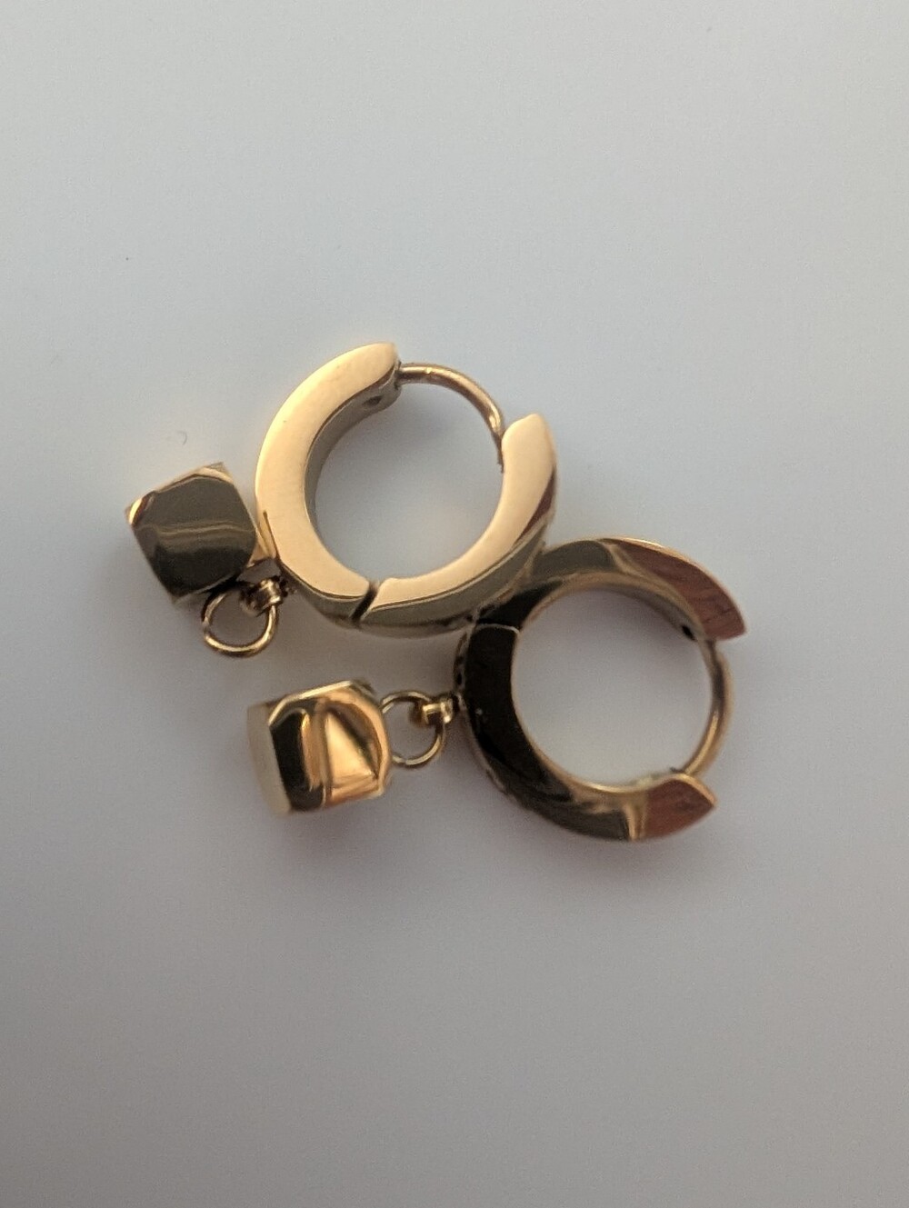 Polished Gold Hoop Earrings with Cube Charms